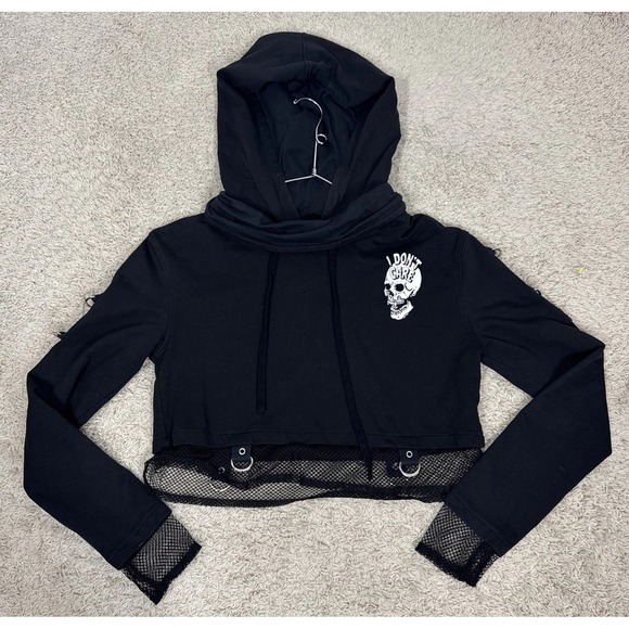 Killstar Tops - Killstar Black Long Sleeve Cropped I Don't Care Hoodie Womens XS Goth Emo Witchy
